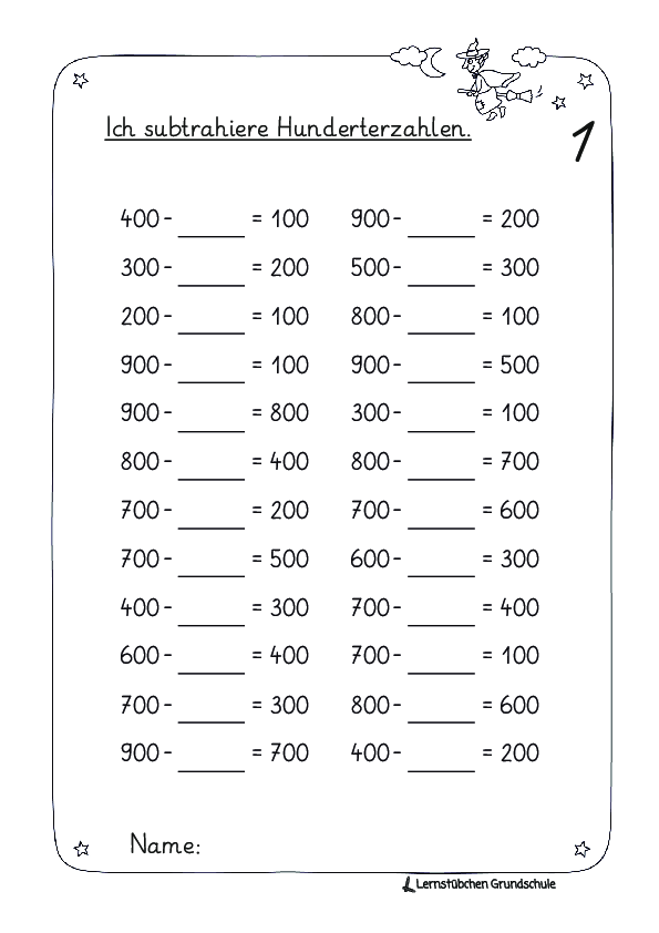 Kopfrechnen im ZR 1.000 mit H-Zahlen - Minus